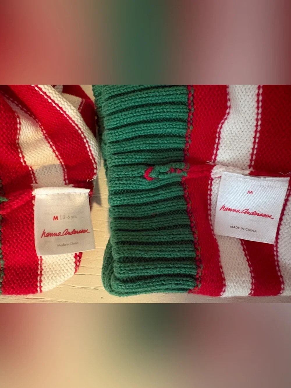 Hanna Andersson Red & White Striped Knit Hats with Green Cuff